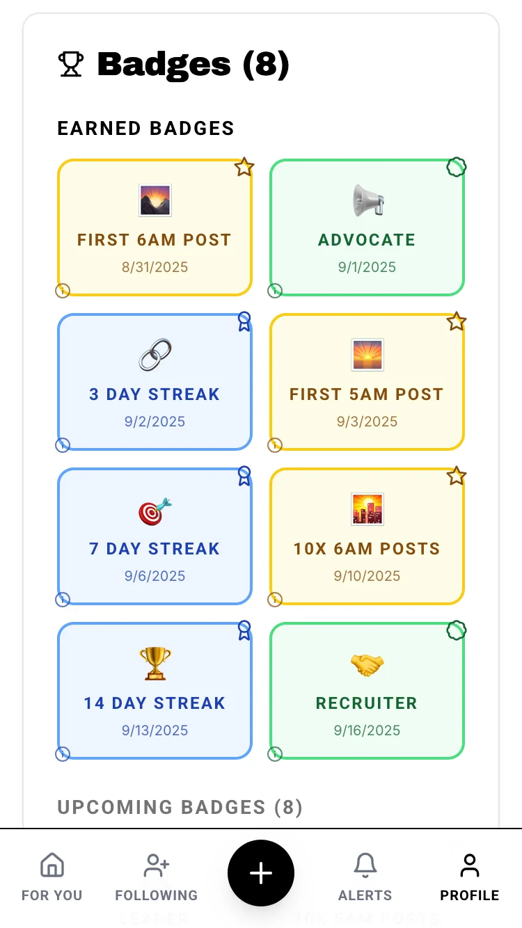 Achievement badges showing progression and milestones