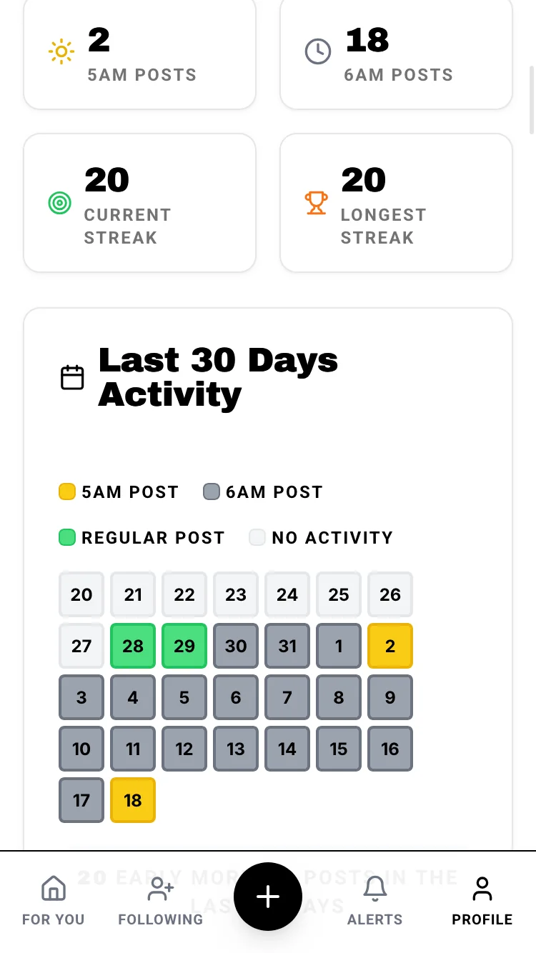 Detailed streak tracking and morning activity calendar